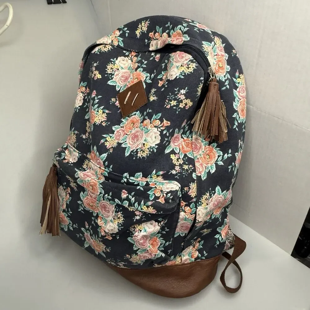 MUDD Backpack Canvas Navy Blue Floral Tassel Pulls Faux Leather EUC